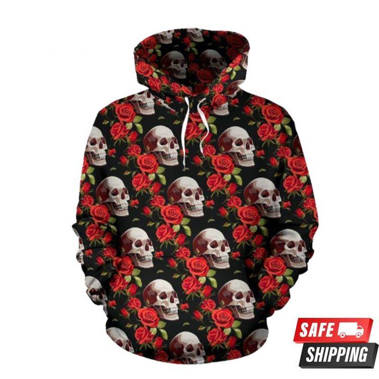 Red Rose Skull All Over Print Hoodie