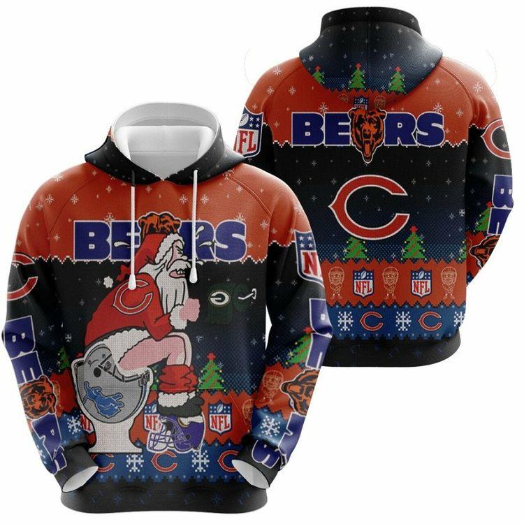 Santa Claus Chicago Bears Sitting On Packers Lions Vikings Toilet Christmas Gift For Bears Fans Limited 3D Hoodie