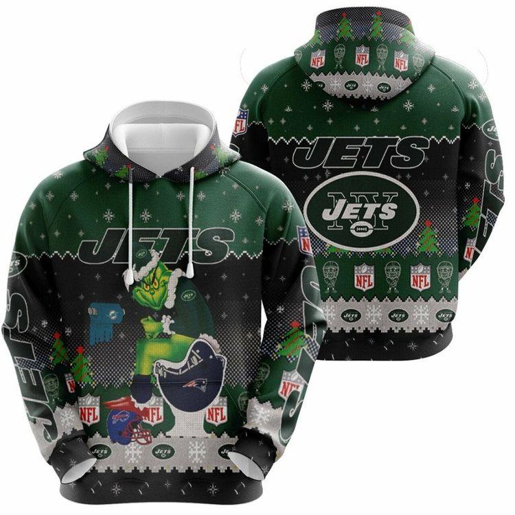 Santa Grinch New York Jets Sitting On Patriots Dolphins Bills Toilet Christmas Gift For Jets Fans All Over Print Hoodie