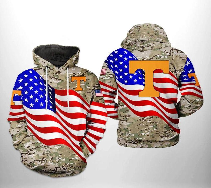 Tennessee Volunteers With Flag American Camo Veteran College Gifts 3D Hoodie