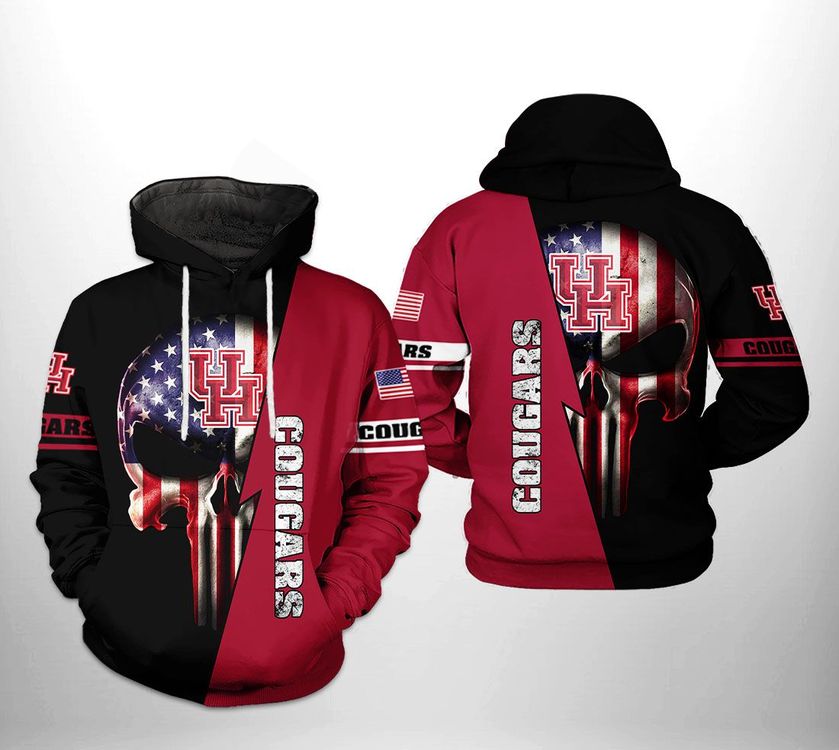 Houston Cougars Ncaa Us Flag Skull 3d Printed Zipper All Over Print Hoodie