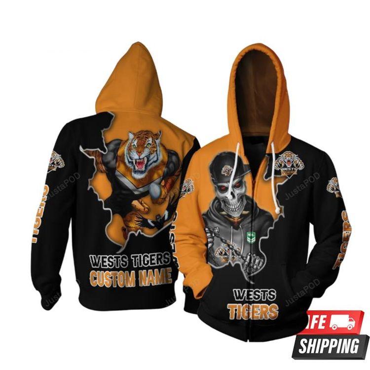 Personalized Wests Tigers Nrl Mascot Skull Custom Name Limited 3D Hoodie