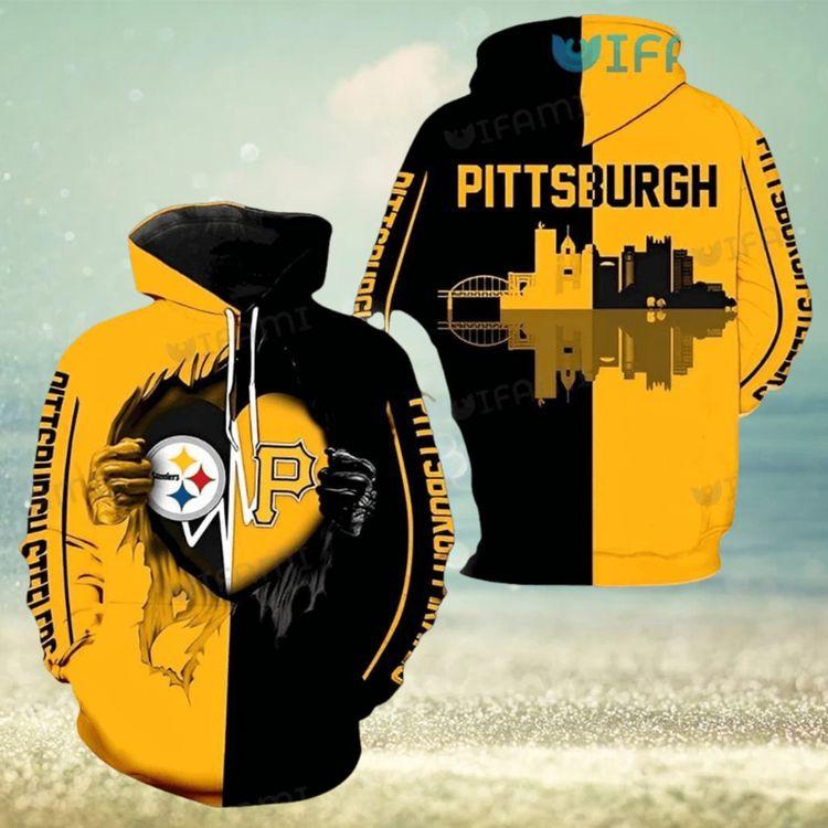 Steelers Skyline Heartbeat Tearing Through Logo Pirates Pittsburgh Steelers Gift 3D Hoodie