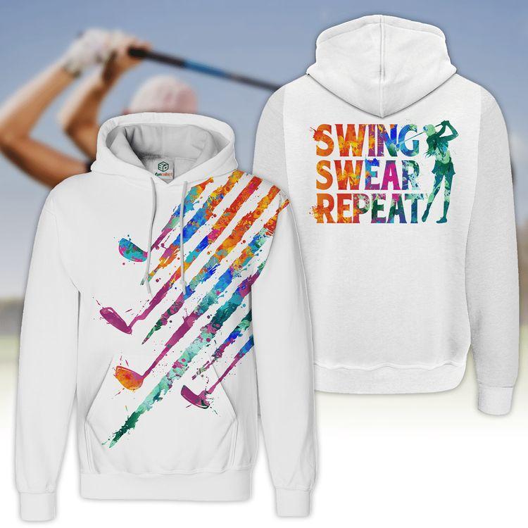 Swing Swear Repeat Watercolor Golfer Gift Zipper 3D Hoodie