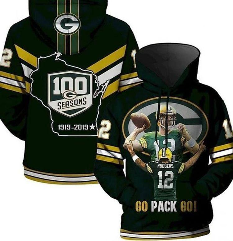 12 Roogers Go Pack Go 100 Seasons Green Bay Packer Gift For Fan Nfl Ver 1 3D Hoodie