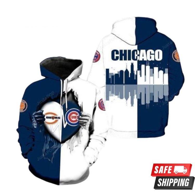 Chicago Bears And Chicago Cubs Heartbeat Love Ripped 3D Hoodie